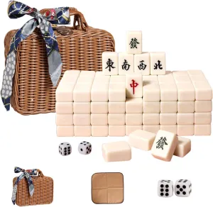 Ivory 144 censor indeed Sheets with Rattan Box and Tablecloth (Ivory) VPH Travel Chinese Mahjong Set 