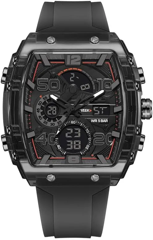 jean Sport & Casual Digital Watch, Fashion Sports Watches, with Digital Pointer Dual Time Zone Display, Stopwatch, Waterproof, Backlight, Alarm, Silicon Strap Quartz Watch for Unisex Multi-Function 