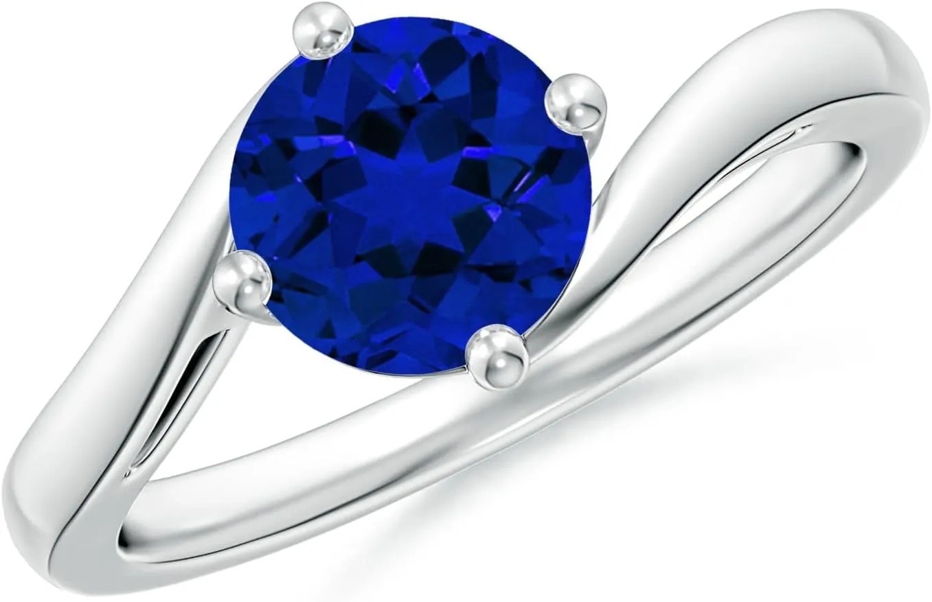Jewelry Gift for Women Angara Classic Round Lab descriptive Grown Blue Sapphire Solitaire Bypass Engagement Ring in 14K Solid Gold/Platinum | Birthday, Anniversary, Wedding 