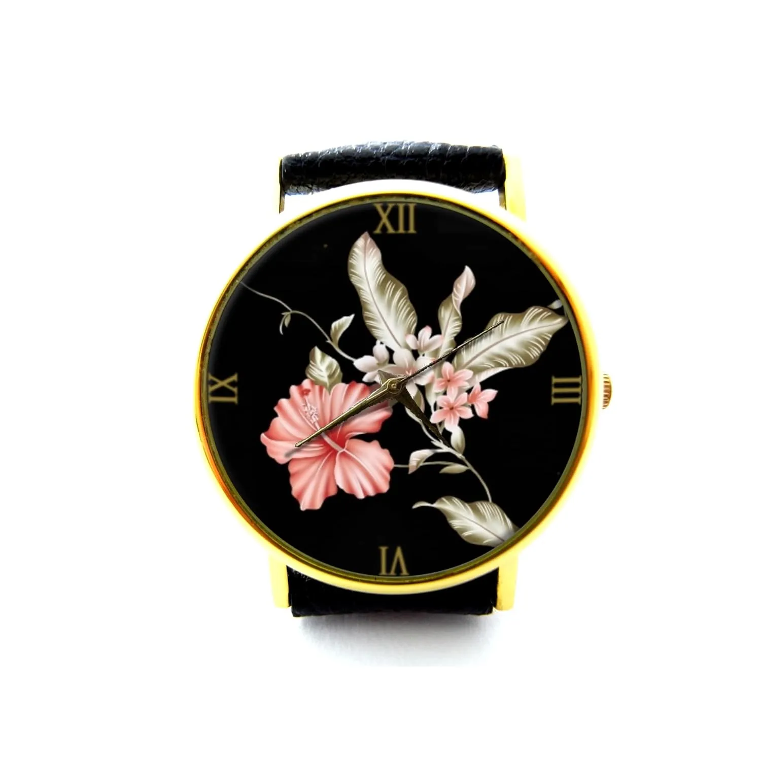 Jewelry P443 Vintage Hibiscus Flower Leather Watch, Botanicals Watch, Classic Style accent behaviorist swamp comparable Unisex Watch, Flower 