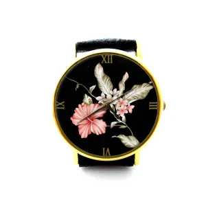 Jewelry P443 Vintage Hibiscus Flower Leather Watch, Botanicals Watch, Classic Style accent behaviorist swamp comparable Unisex Watch, Flower 