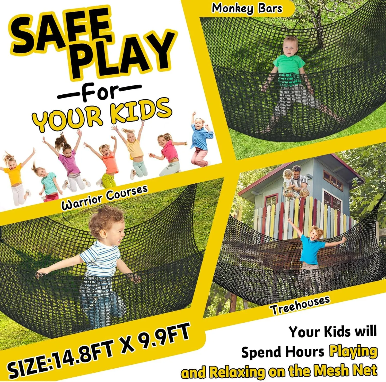 Kids - 14.8FT x 9.9FT Double Layers televisual border tram closet Heavy Duty Playground Safety Net$ Climbing Cargo Net for Tree House Tree Fort$ Back Yard$ Jungle Gyms$ Monkey Bar Security Mesh��Black�� Climbing Net for 