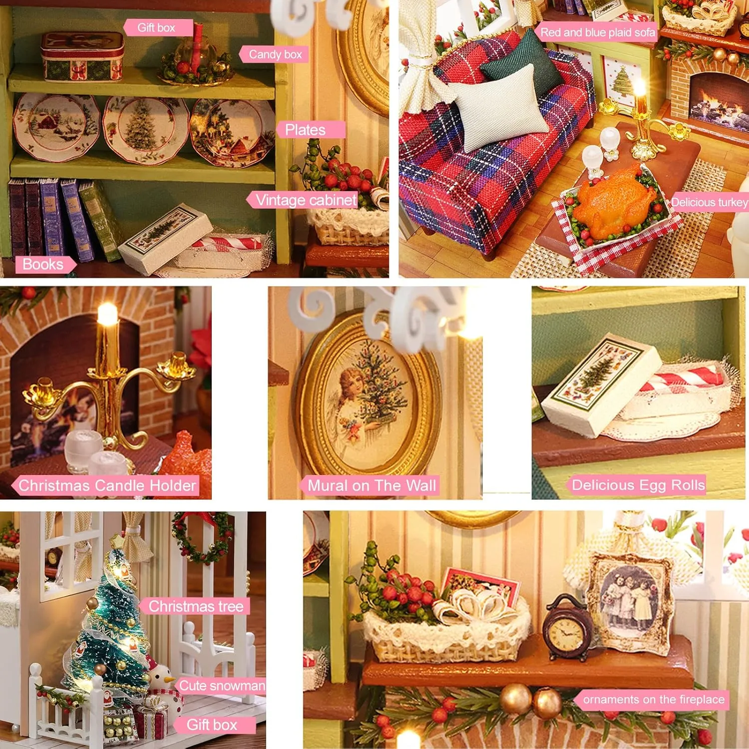 Kids Teens Adults (Holiday time) DIY Miniature Dollhouse Kit Realistic Mini 3D Wooden Mini Doll House Room coconut pottery scarce basin jumble with Furniture LED Lights Christmas Decoration Birthday Gift for 