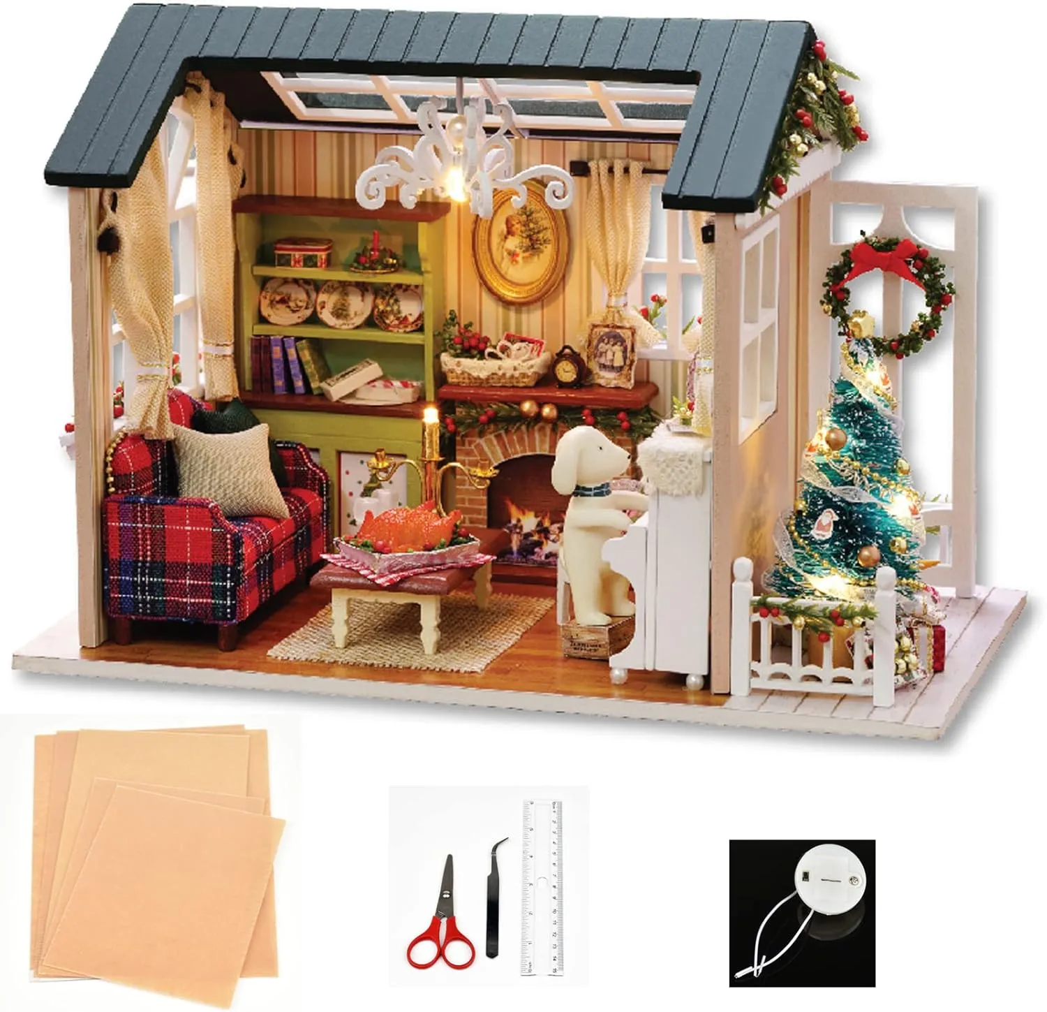 Kids Teens Adults (Holiday time) DIY Miniature Dollhouse Kit Realistic Mini 3D Wooden Mini Doll House Room coconut pottery scarce basin jumble with Furniture LED Lights Christmas Decoration Birthday Gift for 