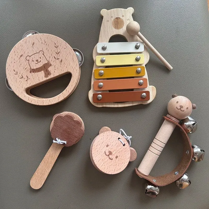 Kids Wooden Montessori Toys Musical Instruments Rattle Bell Drum Xylophone Percussion for Baby Early Educational Instruments Toy