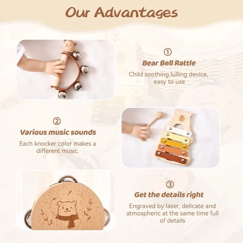 Kids Wooden Montessori Toys Musical Instruments Rattle Bell Drum Xylophone Percussion for Baby Early Educational Instruments Toy