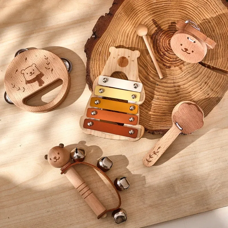 Kids Wooden Montessori Toys Musical Instruments Rattle Bell Drum Xylophone Percussion for Baby Early Educational Instruments Toy