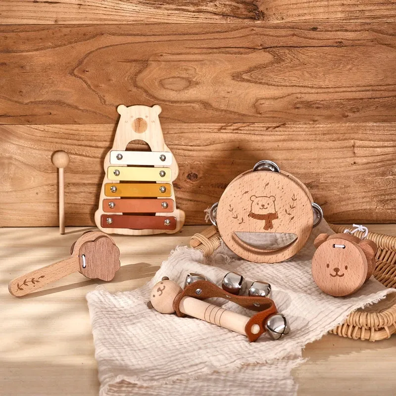 Kids Wooden Montessori Toys Musical Instruments Rattle Bell Drum Xylophone Percussion for Baby Early Educational Instruments Toy