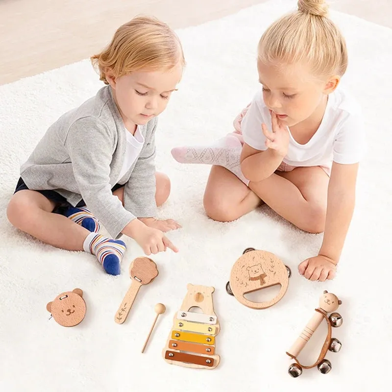 Kids Wooden Montessori Toys Musical Instruments Rattle Bell Drum Xylophone Percussion for Baby Early Educational Instruments Toy