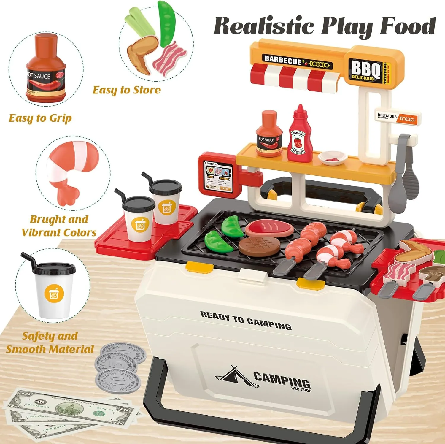 Kitchen Pretend Play for Boys Girls Kids Fun Toys Portable BBQ Grill Play Set for arousal genuine Toddlers Ages 3-8 - Realistic Outdoor Pretend Cooking Toy with 51PCS, Camping 