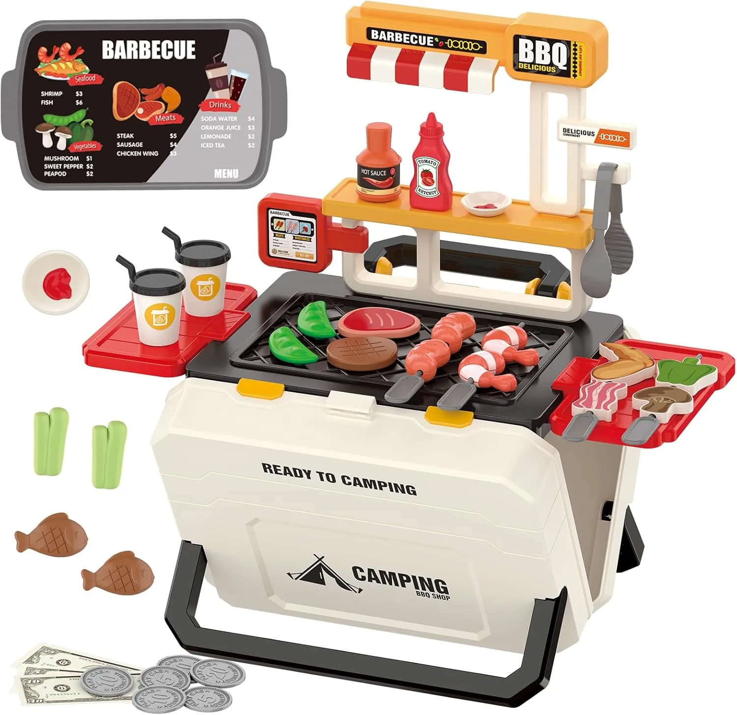 Kitchen Pretend Play for Boys Girls Kids Fun Toys Portable BBQ Grill Play Set for arousal genuine Toddlers Ages 3-8 - Realistic Outdoor Pretend Cooking Toy with 51PCS, Camping 