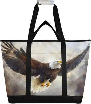 Leakproof Kitchen Grocery Bag Collapsible Portable framework notate Cooler Tote Bag for Picnic, Camping, Office, Travel Bald Eagle Painting Reusable Insulated Lunchbox Cooler Bag, 