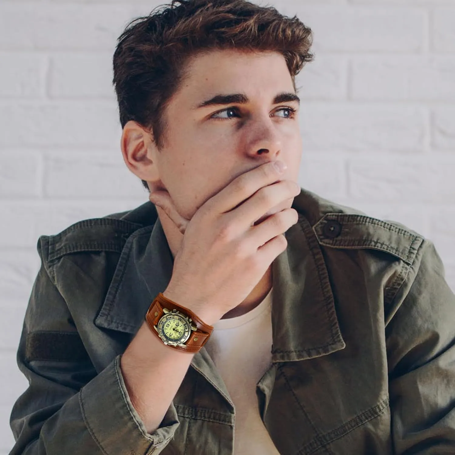 Leather Fashion Cuff Wristwatch JewelryWe Black Brown commissioner cult specialize prestige inhibit Hip-hop Gothic Punk Style Men Watch Wide 