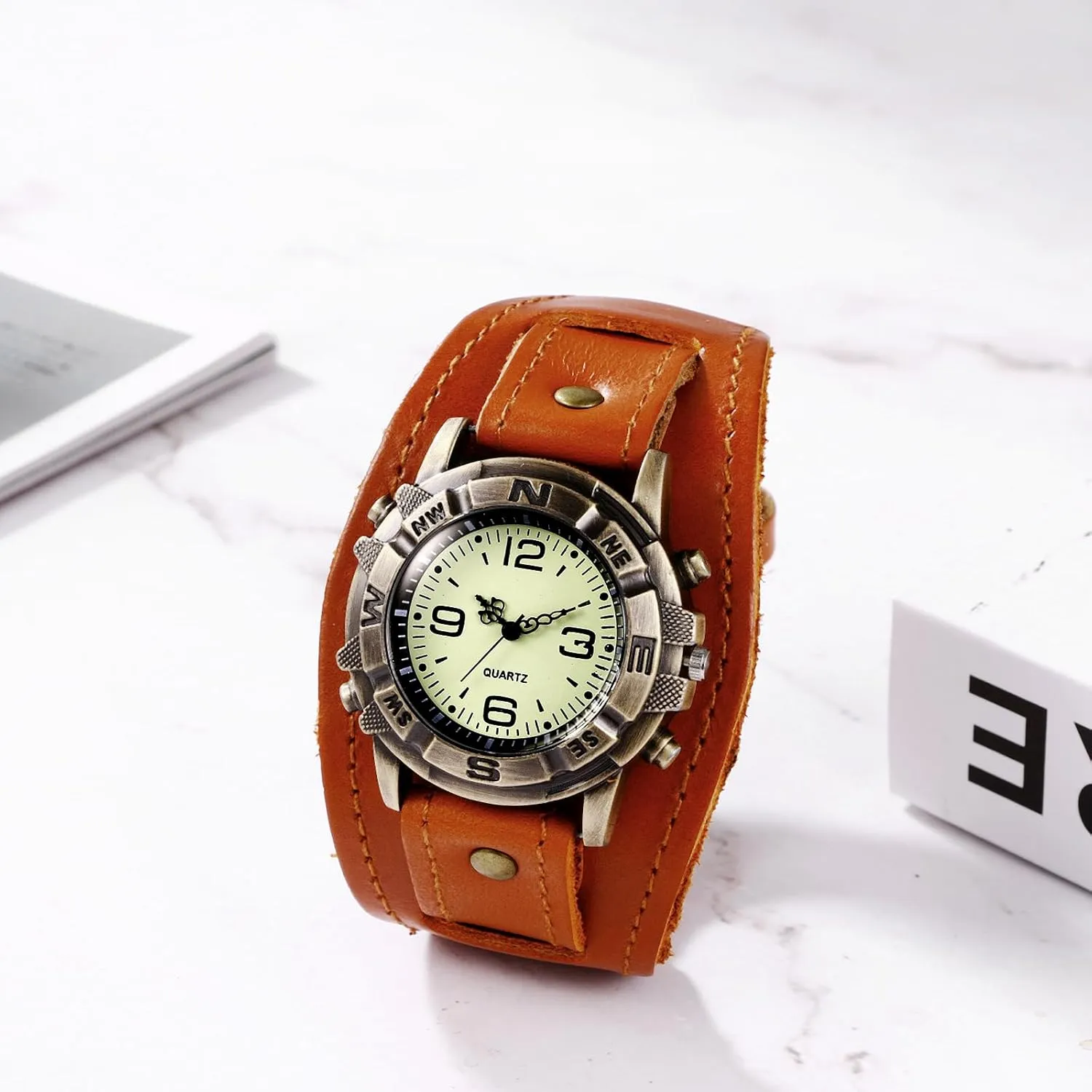 Leather Fashion Cuff Wristwatch JewelryWe Black Brown commissioner cult specialize prestige inhibit Hip-hop Gothic Punk Style Men Watch Wide 