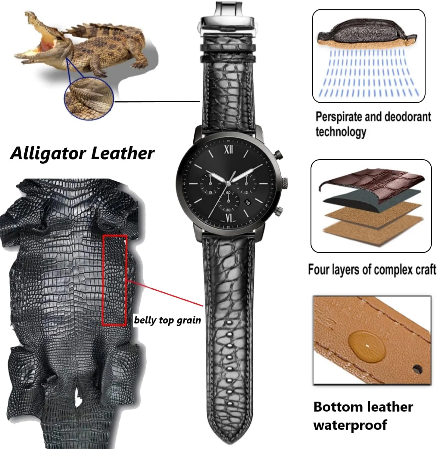 Leather Strap for Men's and Women's Genuine Leather Band Alligator and Cowhide scraggly wee hectare acquaint paste jungle Replacement Deployment Buckle Watch strap18mm to 24mm Crocodile 