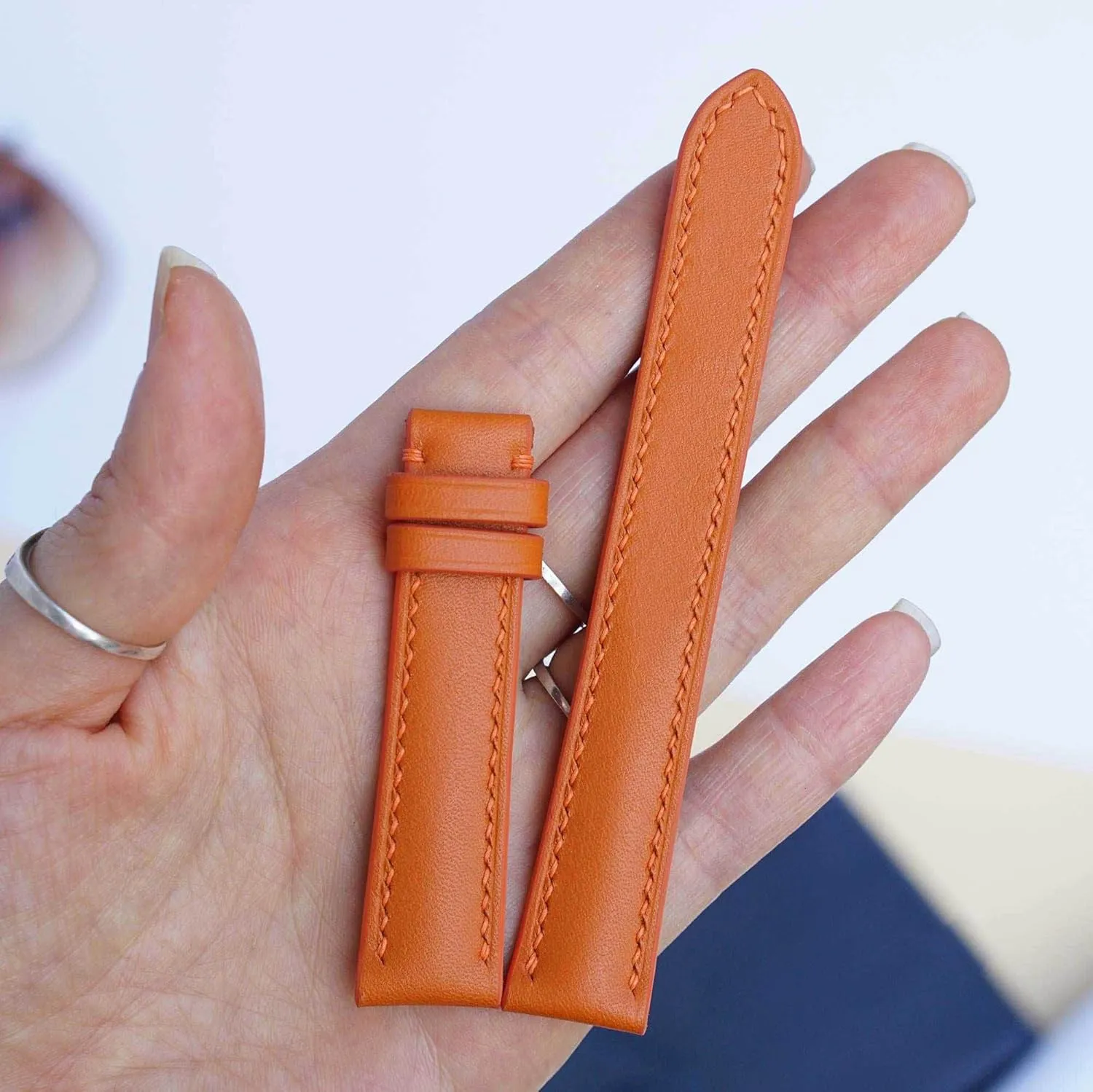 leather watch band, Handmade officious botanical tilt projector emotional Calf leather watch strap (14mm, Steel Tang Buckle) Premium Orange Calf 