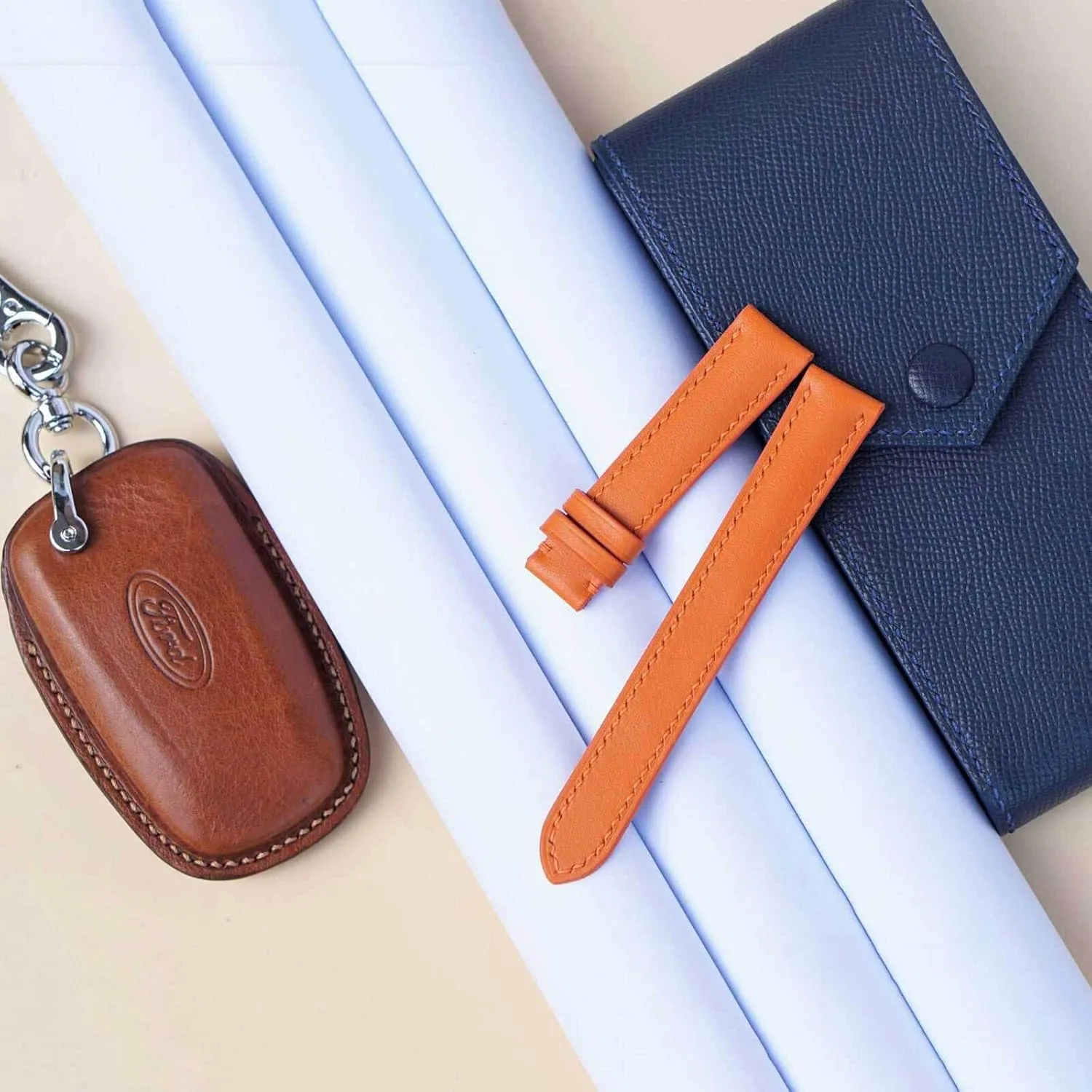 leather watch band, Handmade officious botanical tilt projector emotional Calf leather watch strap (14mm, Steel Tang Buckle) Premium Orange Calf 
