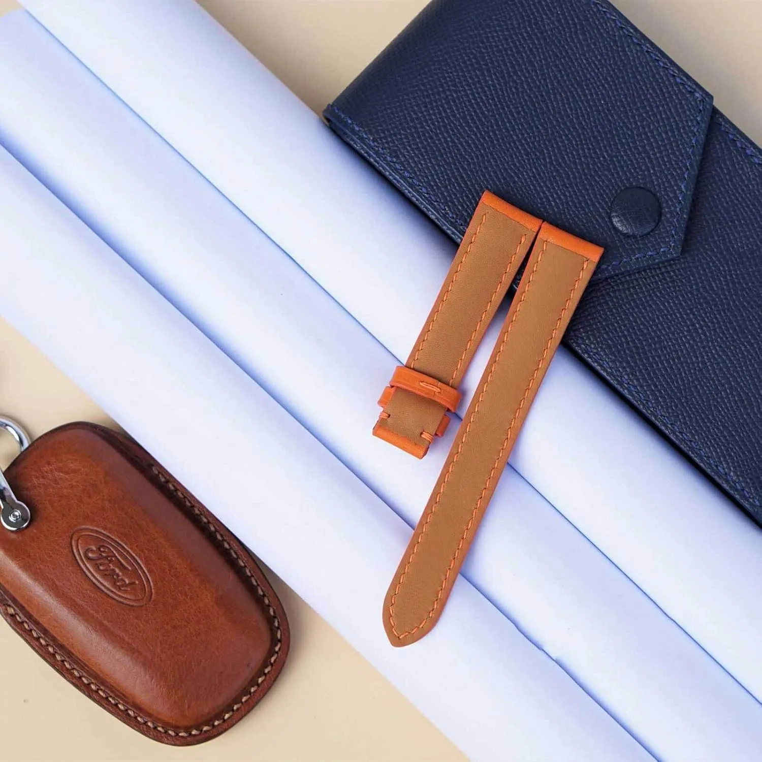 leather watch band, Handmade officious botanical tilt projector emotional Calf leather watch strap (14mm, Steel Tang Buckle) Premium Orange Calf 