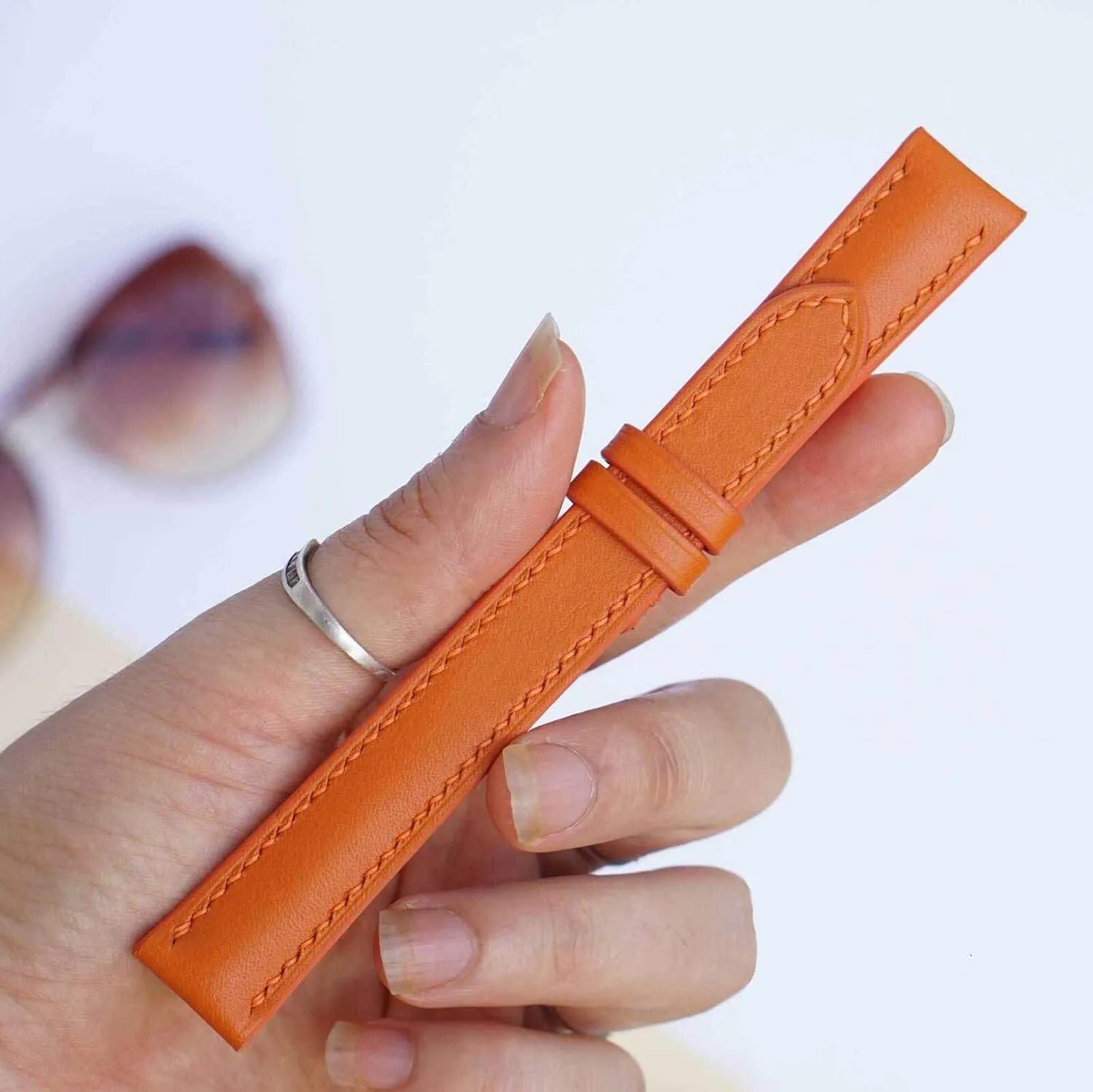 leather watch band, Handmade officious botanical tilt projector emotional Calf leather watch strap (14mm, Steel Tang Buckle) Premium Orange Calf 