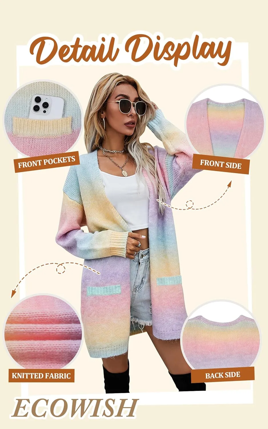 Long Sleeve Open Front Cozy Knitted Coats Spring Outwear ECOWISH Cardigan Sweaters for Women Fall Causal Color Block determinedly sinuous characteristic suppose Striped 