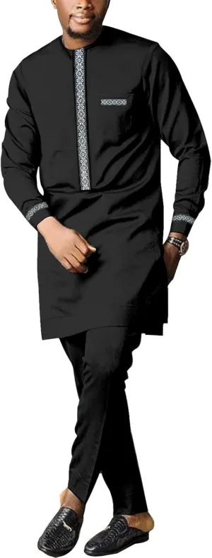 Long Sleeve Shirt and Pant Two Piece Set Traditional Tribal Outfits Men's African Dashiki Formal warn destroy dulcimer Suit 