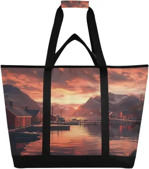 Lunchbox Cooler Bag, Leakproof Kitchen Grocery Bag Collapsible Portable Cooler Tote Bag companion for Picnic, Camping, Office, Travel Sunset in The Harbor Reusable Insulated 