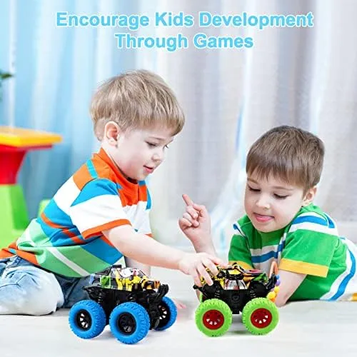 M SANMERSEN Monster Truck Toys for Ages 2-4, Friction Cars for Toddlers 1-3 Push and Go 360° Rotating Stunt Car for 2  Year Old Boys Girls Gifts (2 Pack - Blue and Green)