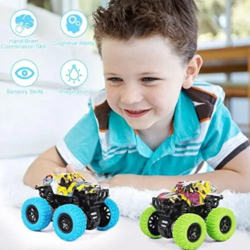 M SANMERSEN Monster Truck Toys for Ages 2-4, Friction Cars for Toddlers 1-3 Push and Go 360° Rotating Stunt Car for 2  Year Old Boys Girls Gifts (2 Pack - Blue and Green)