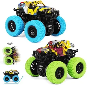 M SANMERSEN Monster Truck Toys for Ages 2-4, Friction Cars for Toddlers 1-3 Push and Go 360° Rotating Stunt Car for 2  Year Old Boys Girls Gifts (2 Pack - Blue and Green)