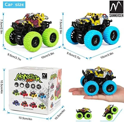 M SANMERSEN Monster Truck Toys for Ages 2-4, Friction Cars for Toddlers 1-3 Push and Go 360° Rotating Stunt Car for 2  Year Old Boys Girls Gifts (2 Pack - Blue and Green)
