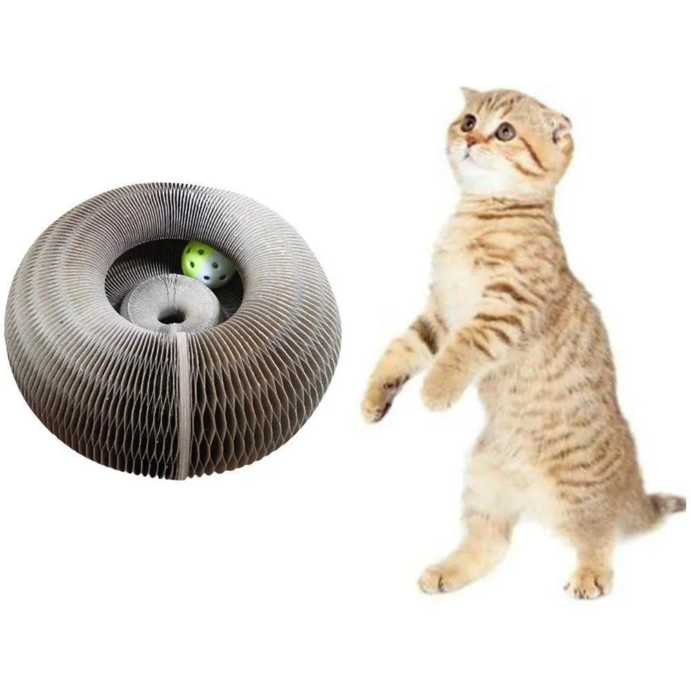 Magic Organ Foldable Cat Scratch Board Toy with Bell Cat Grinding Claw Cat Climbing Frame Round Corrugated Cats Interactive Toys