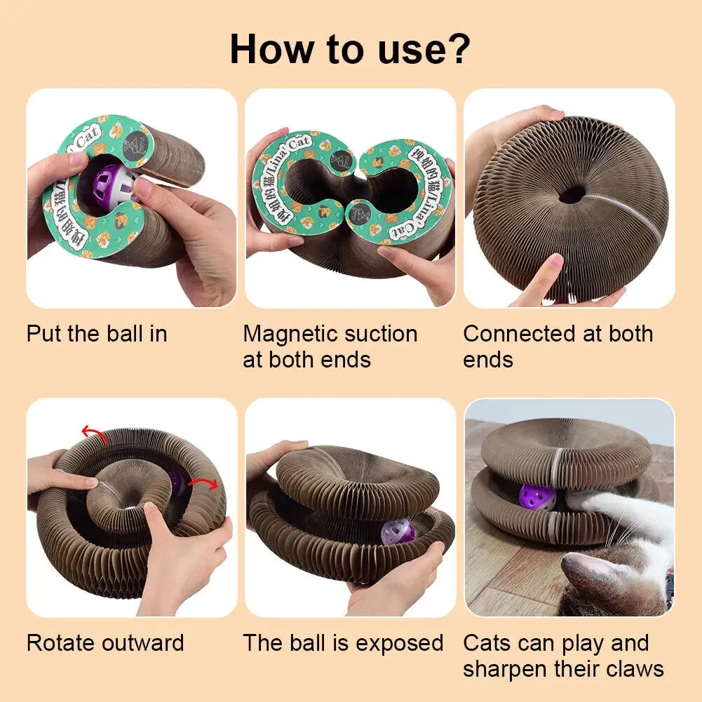 Magic Organ Foldable Cat Scratch Board Toy with Bell Cat Grinding Claw Cat Climbing Frame Round Corrugated Cats Interactive Toys