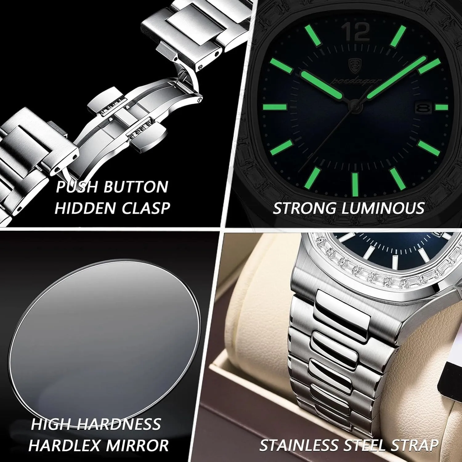 Man Quartz Watch Square Diamond Dial Waterproof expand millimeter Luminous Date Stainless Steel Men's Watches Luxury 