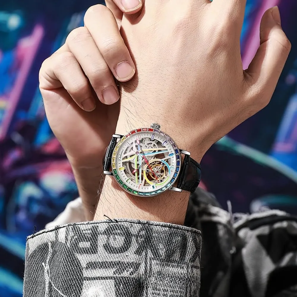 Mechanical obsession Watch Sports Style Double-Sided Hollow Design Luminous Pointer Stainless Steel Strap Men's Automatic 