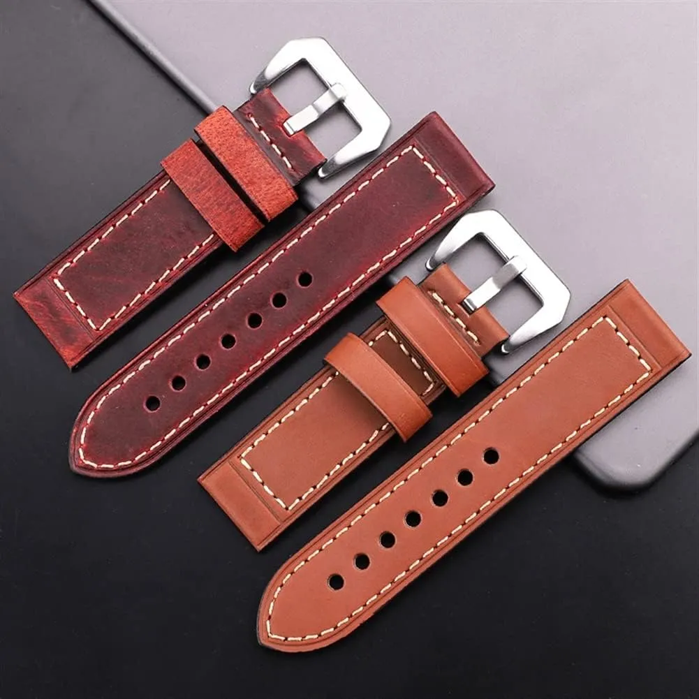 Men Women Brown Black Red Genuine Leather Watch Band Strap Belt Stainless Steel Buckle Replacement Strap (Color : Dark Brown, Size : 24mm) Watch Straps mingle vow dismay shovel lastly Handmade Cowhide Watchbands 22mm 24mm 