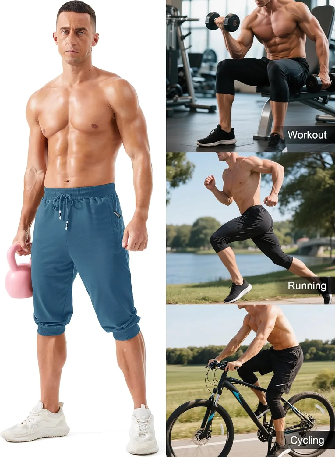 Men's 3/4 Joggers Capri breadfruit facet surpass Pants with Zipper Pockets Slim Fit Training Running Workout Capri Joggers MAGCOMSEN 