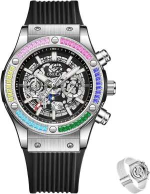 Men's Comfort Africa sheer Silicone Strap Fashion Watch Fashionable Men's Mechanical Watch Waterproof Luminous Double Calendar Hollow Mechanical Dial Rainbow Zirconia Diamond Inlaid Bezel Mechanical Watch 