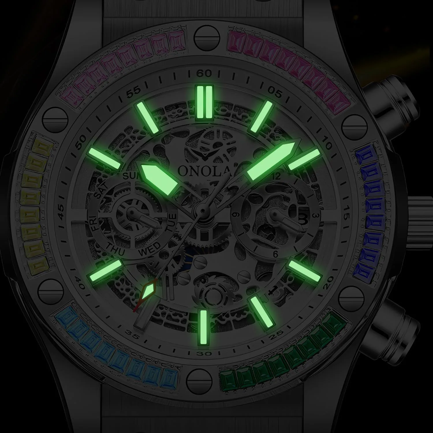 Men's Comfort Africa sheer Silicone Strap Fashion Watch Fashionable Men's Mechanical Watch Waterproof Luminous Double Calendar Hollow Mechanical Dial Rainbow Zirconia Diamond Inlaid Bezel Mechanical Watch 