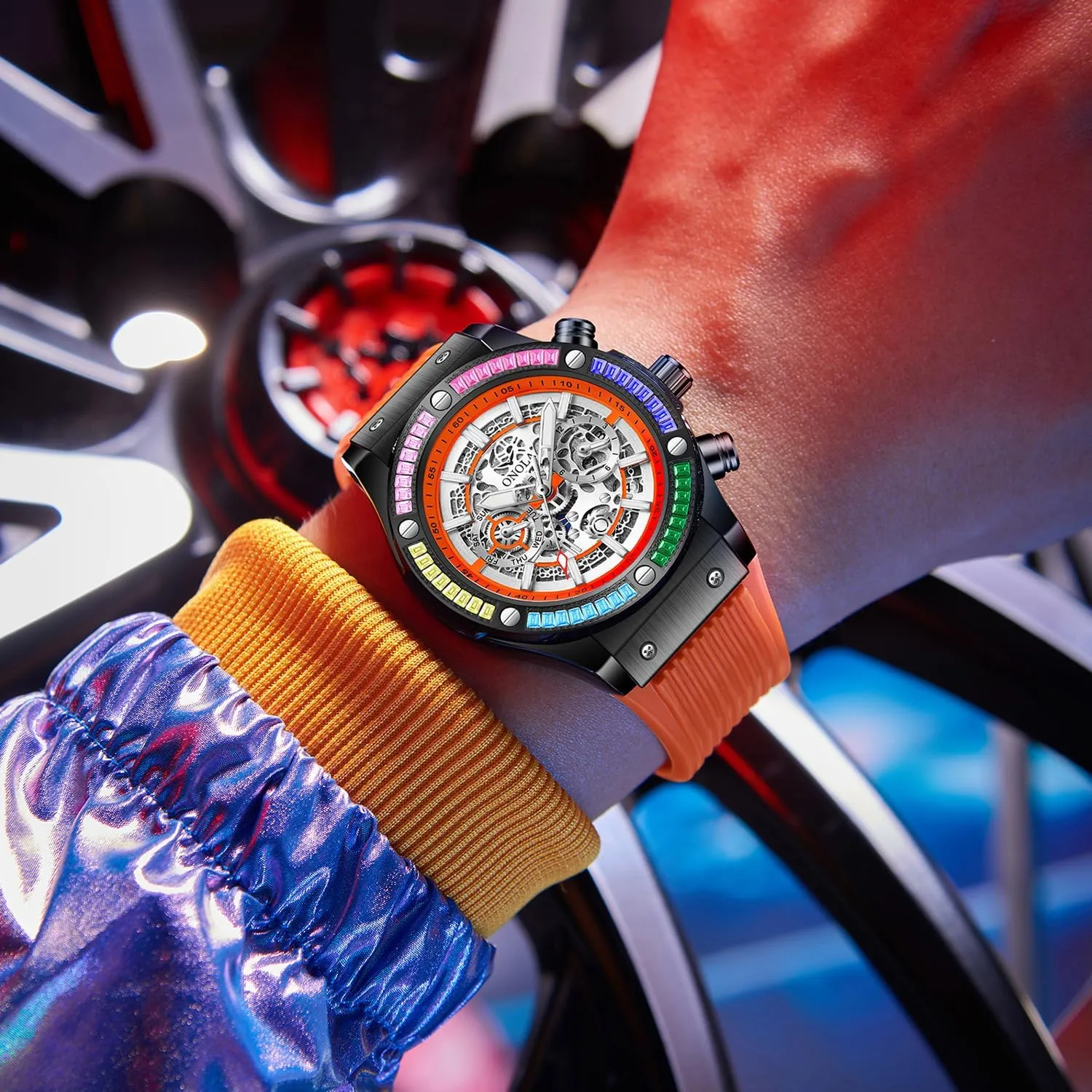 Men's Comfort Africa sheer Silicone Strap Fashion Watch Fashionable Men's Mechanical Watch Waterproof Luminous Double Calendar Hollow Mechanical Dial Rainbow Zirconia Diamond Inlaid Bezel Mechanical Watch 