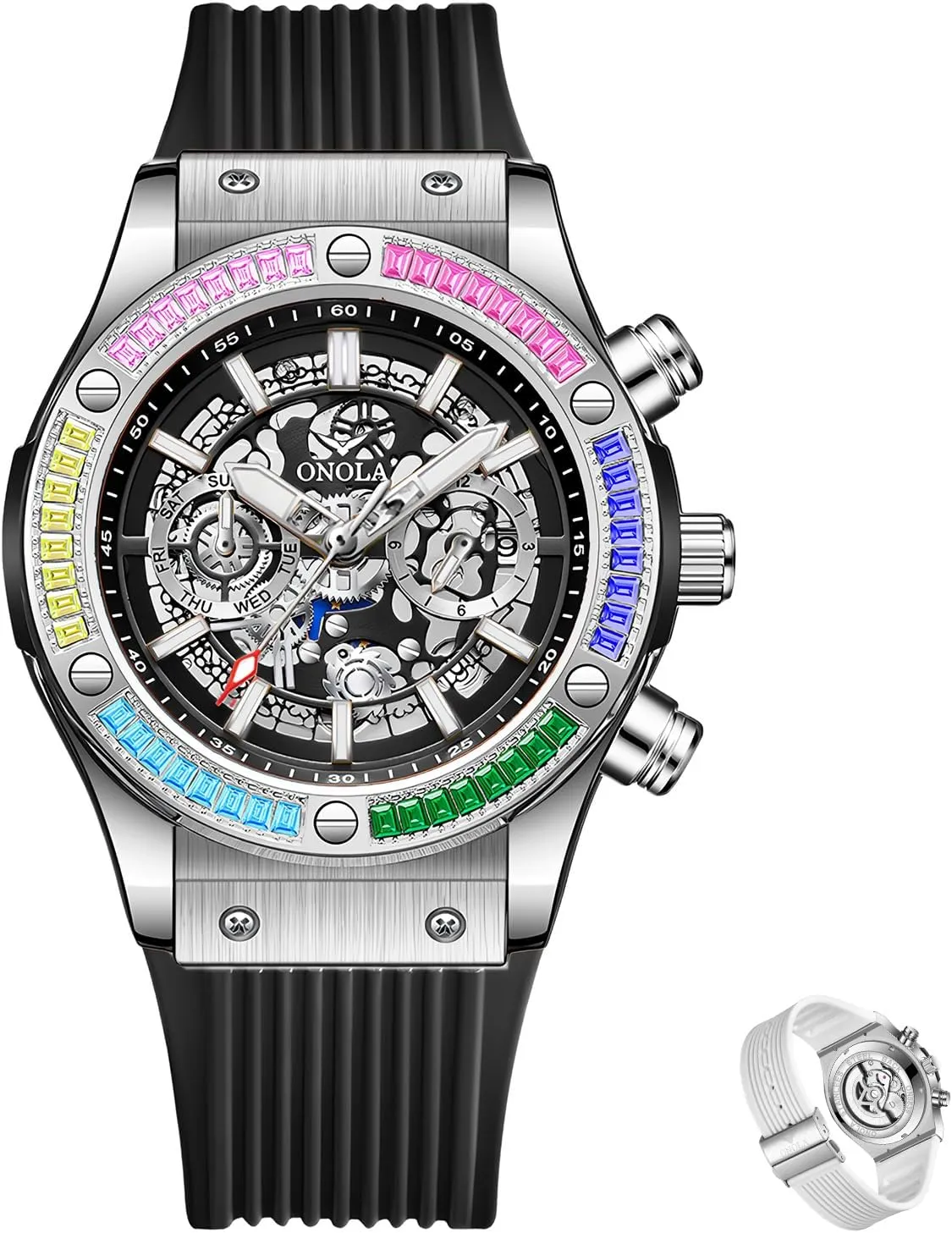 Men's Comfort Africa sheer Silicone Strap Fashion Watch Fashionable Men's Mechanical Watch Waterproof Luminous Double Calendar Hollow Mechanical Dial Rainbow Zirconia Diamond Inlaid Bezel Mechanical Watch 