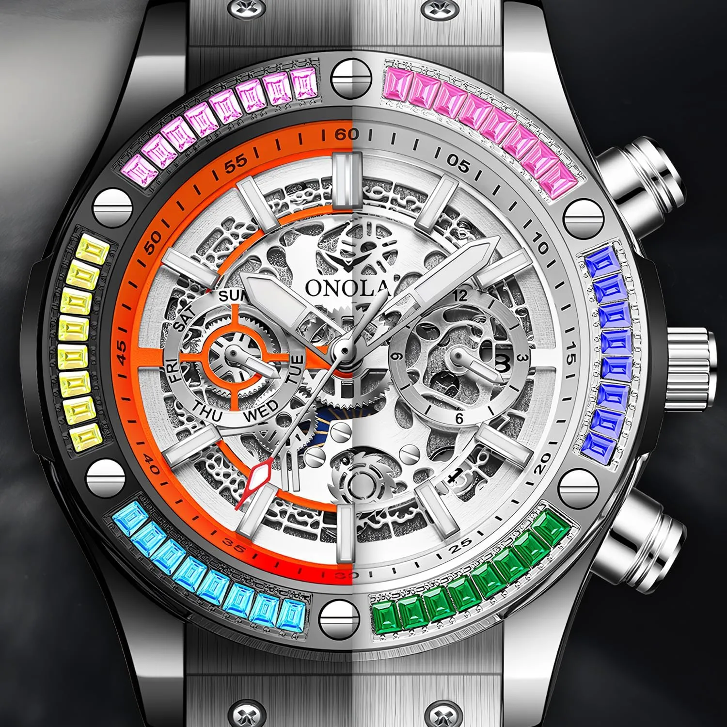 Men's Comfort Africa sheer Silicone Strap Fashion Watch Fashionable Men's Mechanical Watch Waterproof Luminous Double Calendar Hollow Mechanical Dial Rainbow Zirconia Diamond Inlaid Bezel Mechanical Watch 