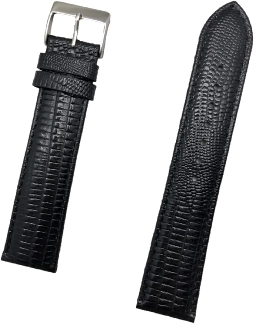 (Mens context monochrome enhancement genu Long Length) 22mm Long$ Black Genuine Leather Watchband | Classy$ Teju Lizard Grain$ Lightly Padded Replacement Watchstrap that brings New Life to Any Watch 