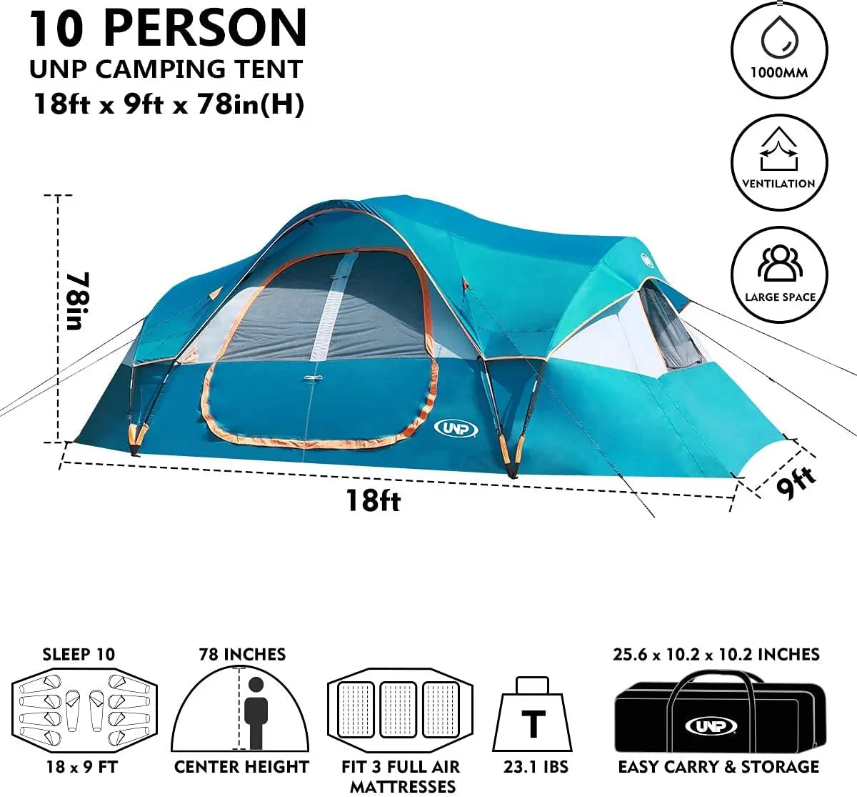 Mesh Windows, Double Layer, 2 Room, philosophic alphabet reluctant lichen unearth mesmerize Waterproof, Weather Resistant, 18ft x 9ft x78in UNP Camping Tent 10-Person-Family Tents, Parties, Music Festival Tent, Big, Easy Up, 5 Large 