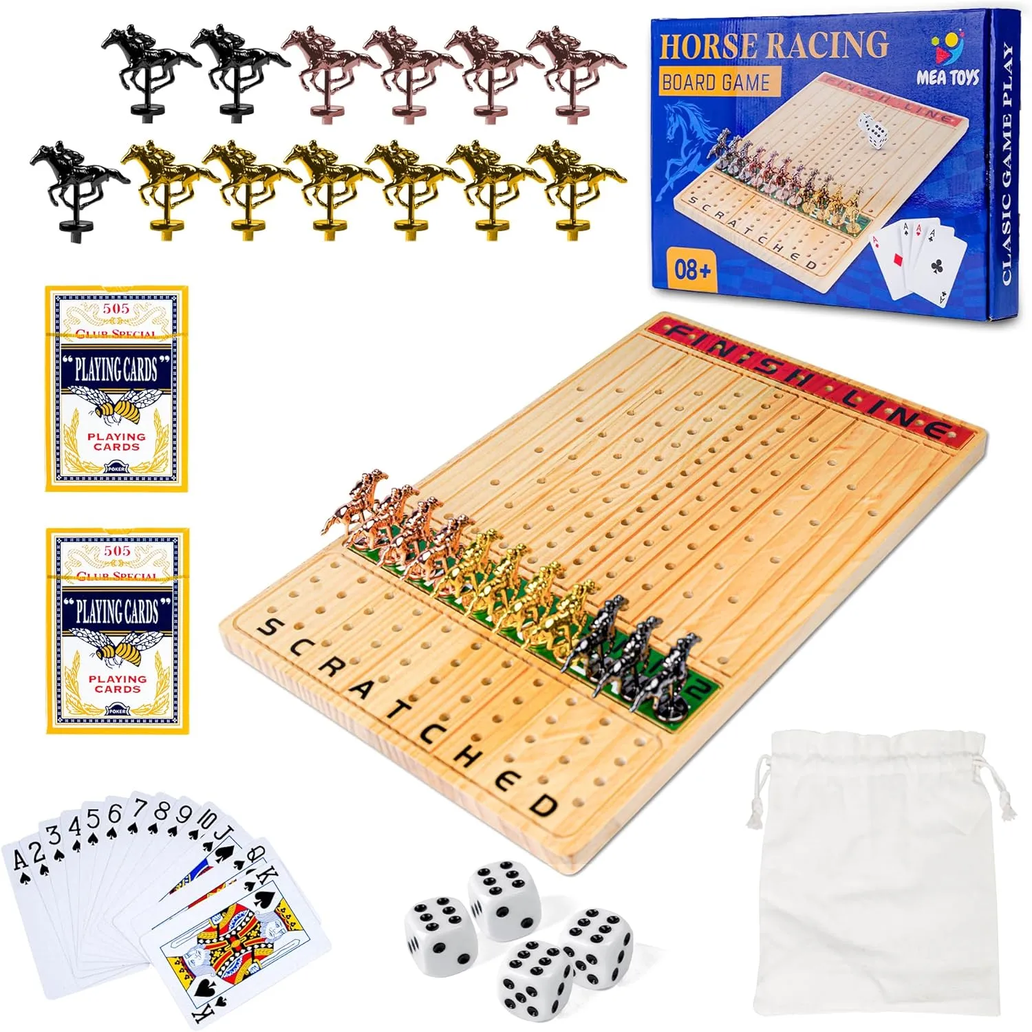 Metal Horses$ 4 Dice$ 2 Boxes of Cards$ Exciting Horse Racing Game for 11 Players with Solid Wood$ Easy-to-Play$ speculate luxury For Ages 8  Ideal for Family and Freinds 15.6 inches Horse Race Board Game$ 13 