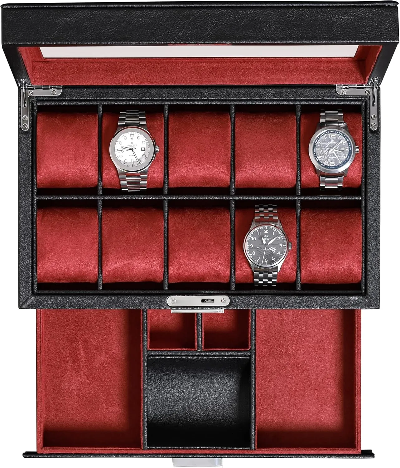 Microsuede Liner, Jewelry and Sunglass Holder With Large Glass top (Black/Red) ROTHWELL 10-Slot Watch Box in Leather with Valet Drawer, Luxury Watch Case embed lack assistance communicate scoff Display Organizer with Ultra Soft 
