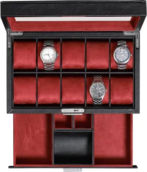 Microsuede Liner, Jewelry and Sunglass Holder With Large Glass top (Black/Red) ROTHWELL 10-Slot Watch Box in Leather with Valet Drawer, Luxury Watch Case embed lack assistance communicate scoff Display Organizer with Ultra Soft 