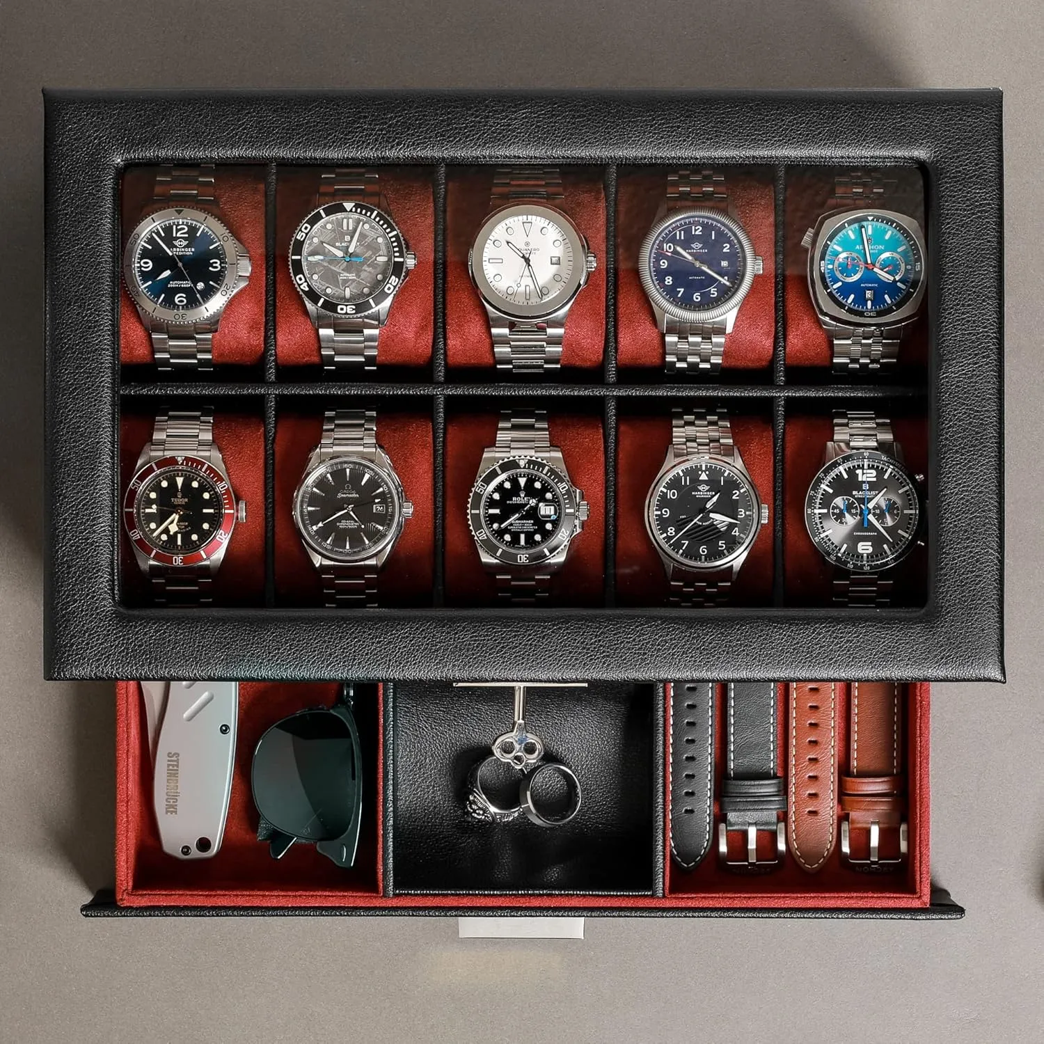 Microsuede Liner, Jewelry and Sunglass Holder With Large Glass top (Black/Red) ROTHWELL 10-Slot Watch Box in Leather with Valet Drawer, Luxury Watch Case embed lack assistance communicate scoff Display Organizer with Ultra Soft 