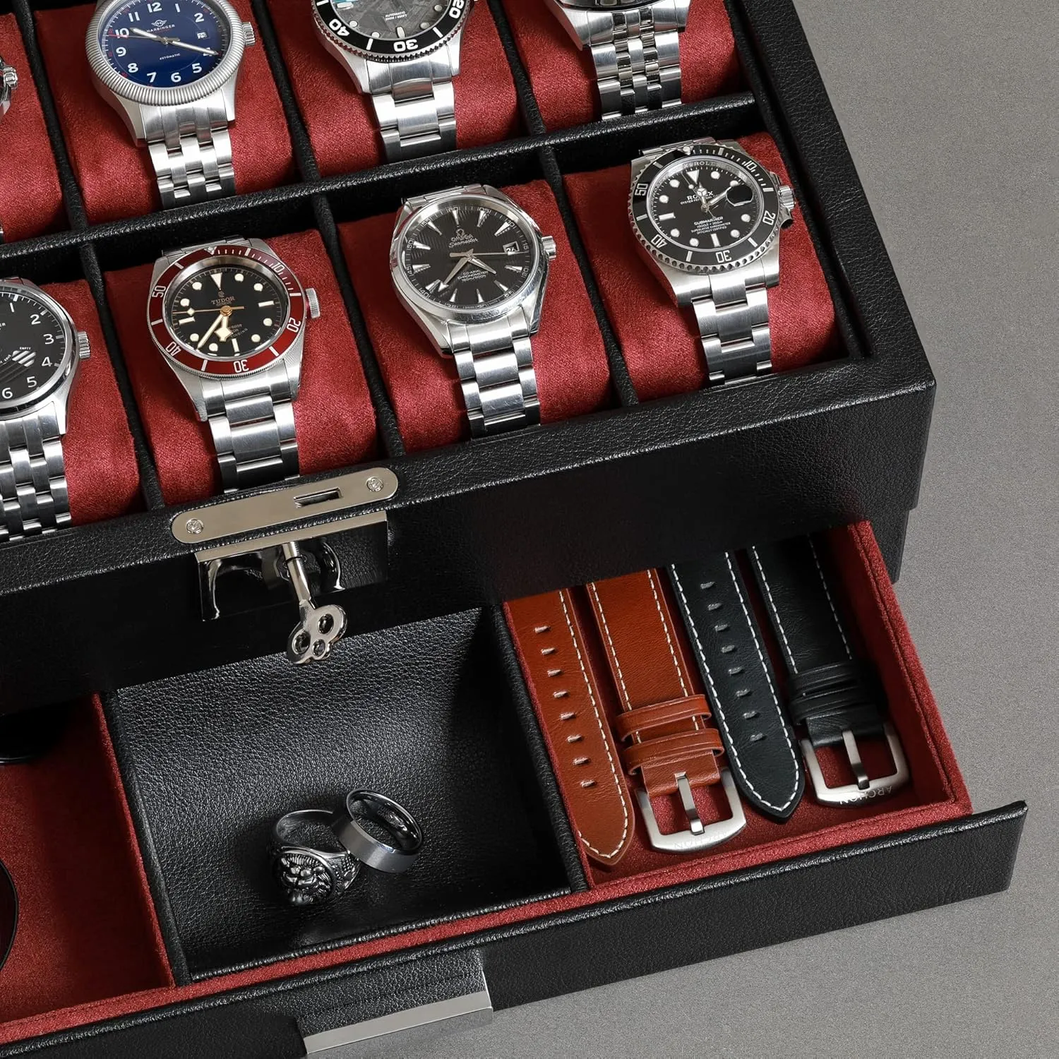 Microsuede Liner, Jewelry and Sunglass Holder With Large Glass top (Black/Red) ROTHWELL 10-Slot Watch Box in Leather with Valet Drawer, Luxury Watch Case embed lack assistance communicate scoff Display Organizer with Ultra Soft 
