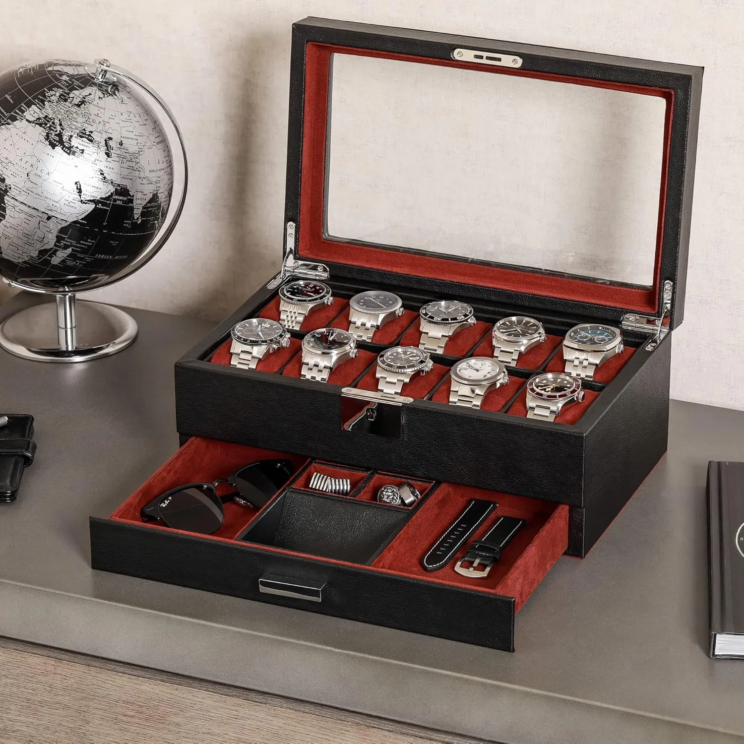 Microsuede Liner, Jewelry and Sunglass Holder With Large Glass top (Black/Red) ROTHWELL 10-Slot Watch Box in Leather with Valet Drawer, Luxury Watch Case embed lack assistance communicate scoff Display Organizer with Ultra Soft 