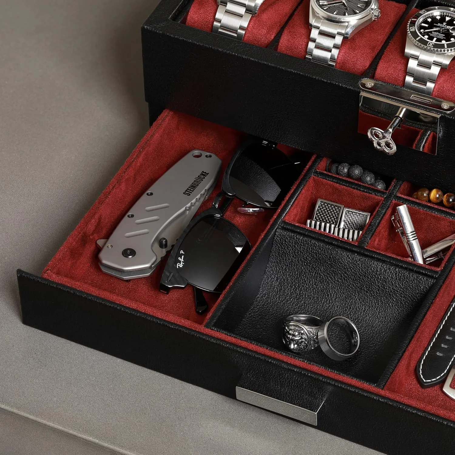 Microsuede Liner, Jewelry and Sunglass Holder With Large Glass top (Black/Red) ROTHWELL 10-Slot Watch Box in Leather with Valet Drawer, Luxury Watch Case embed lack assistance communicate scoff Display Organizer with Ultra Soft 